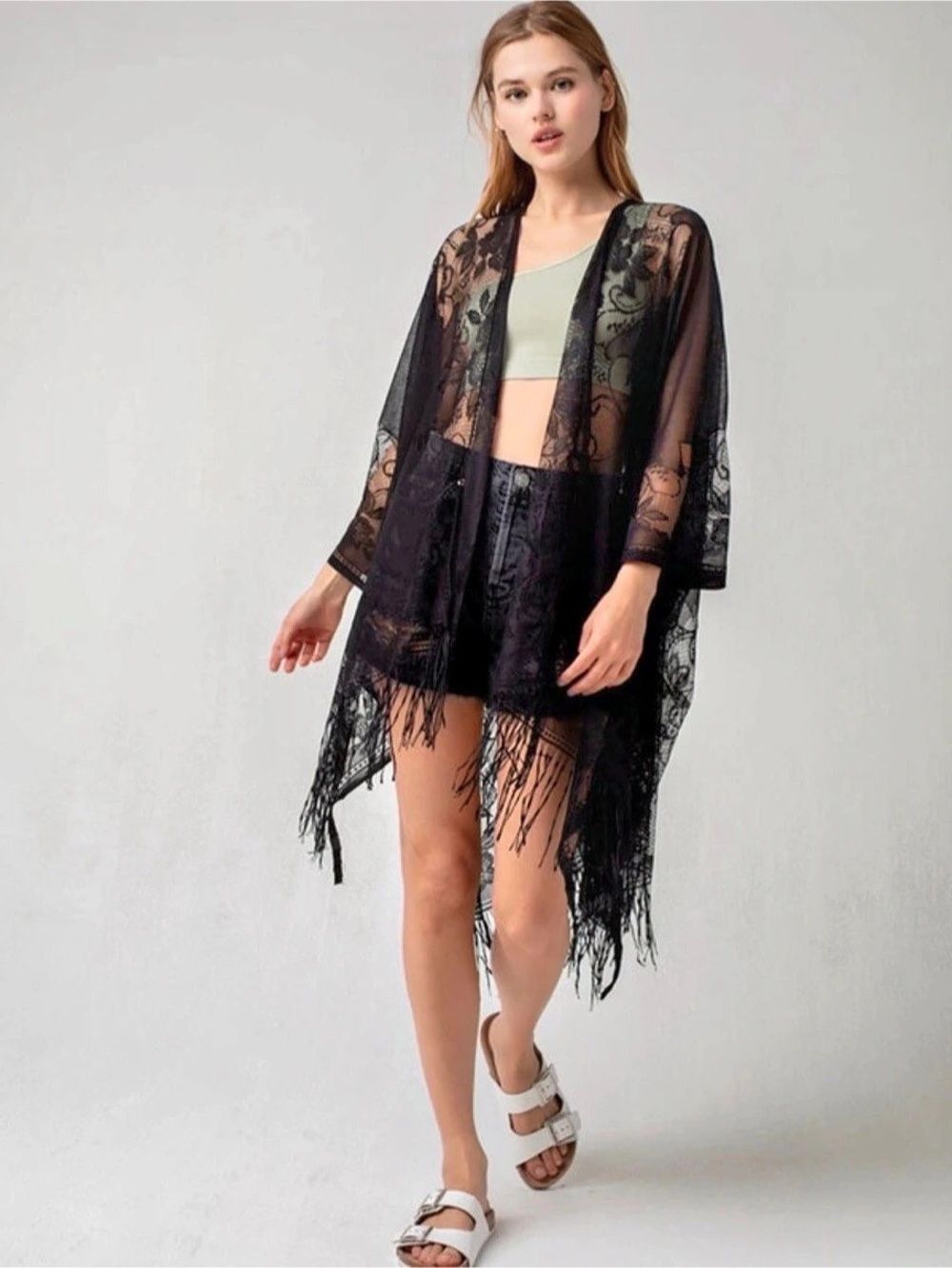 Do everything in Love Floral Lace Fringe Kimono in Black